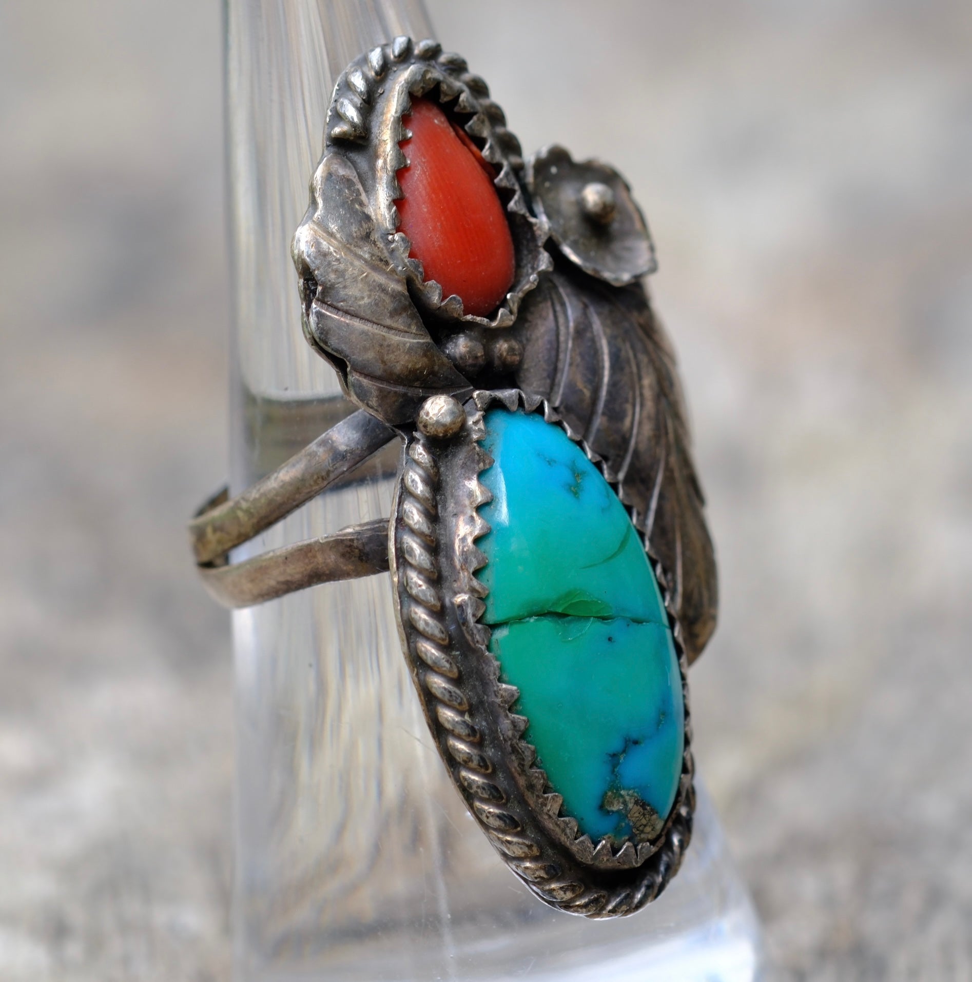 Vintage Sterling Turquoise and Coral Feather Ring 6