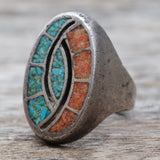 Vintage Sterling Crushed Turquoise and Coral Inlay Ring 9