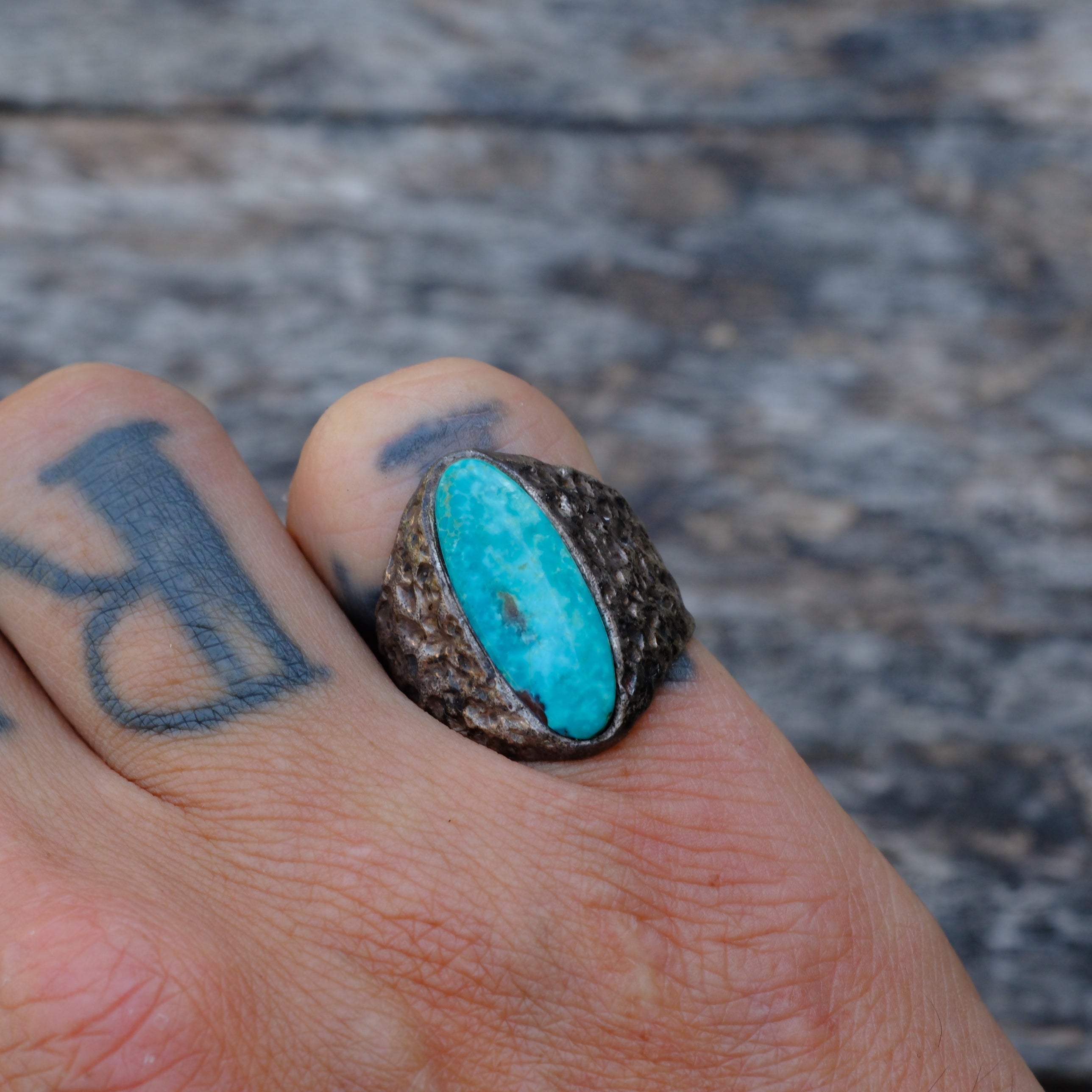 Vintage Sterling Turquoise Textured Band Ring 7