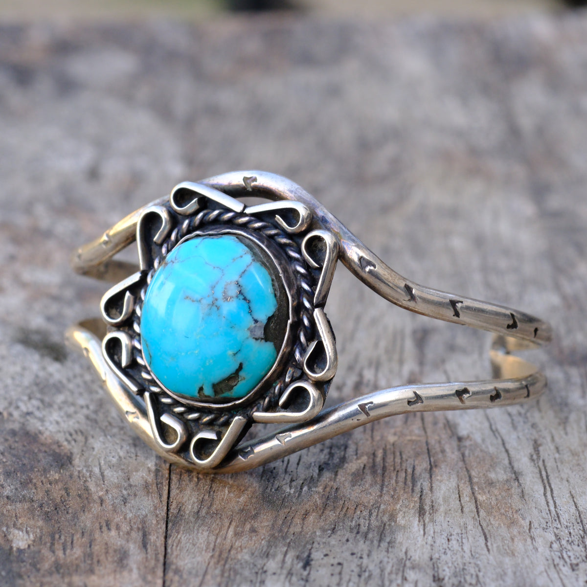 Vintage Sterling Turquoise Florette Cuff Bracelet