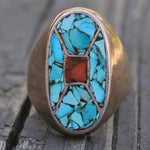 Vintage Sterling Crushed Turquoise and Coral Inlay Ring 11