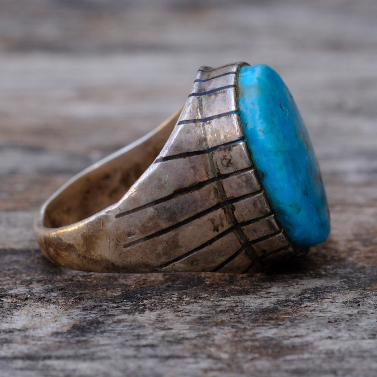 Vintage Sterling Turquoise Ribbed Band Ring 9.5