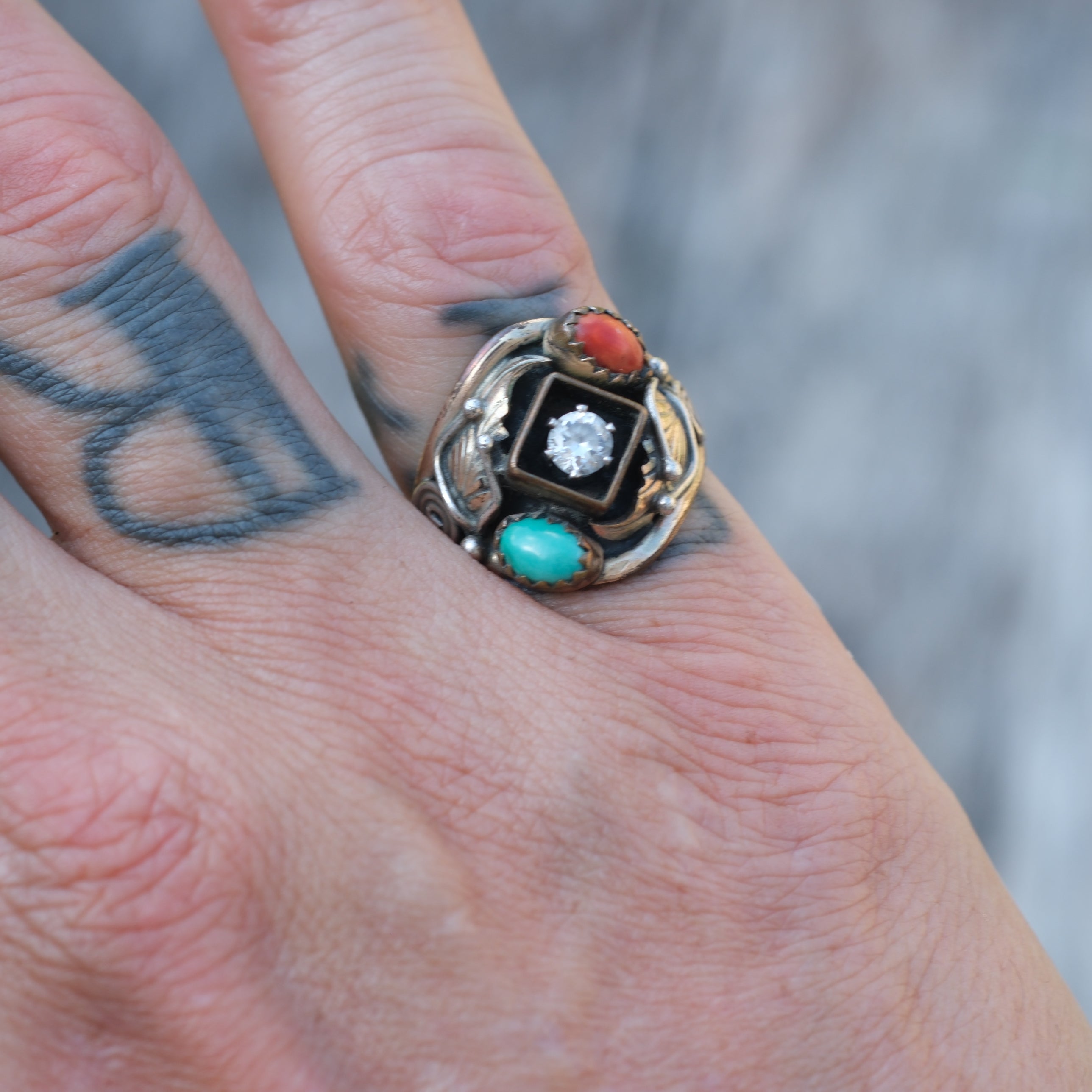 Vintage Sterling Turquoise and Coral CZ Ring 7