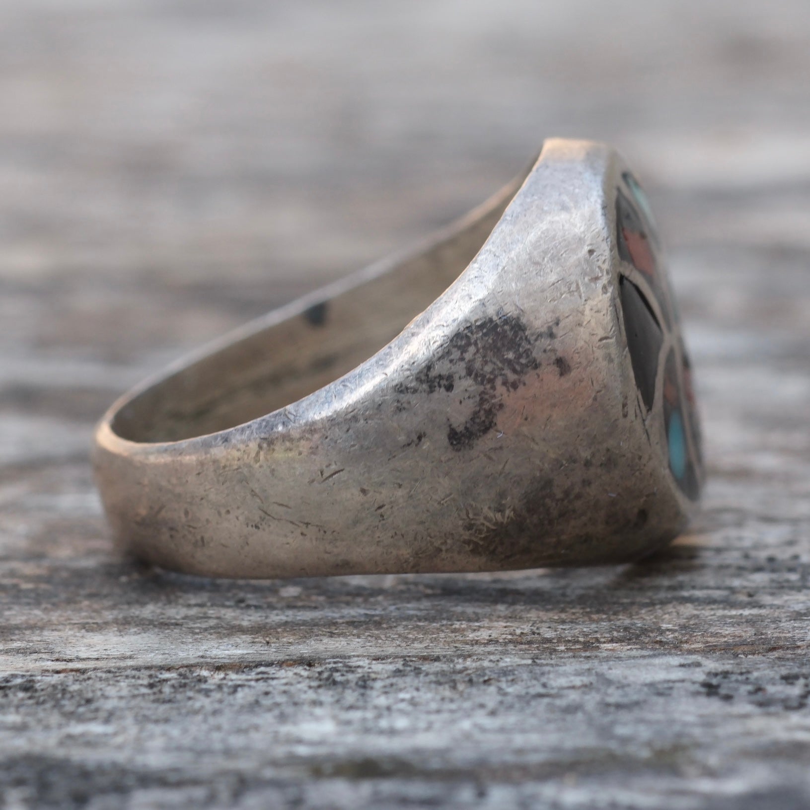 Vintage Sterling Turquoise and Coral Chip Inlay Ring 7.75