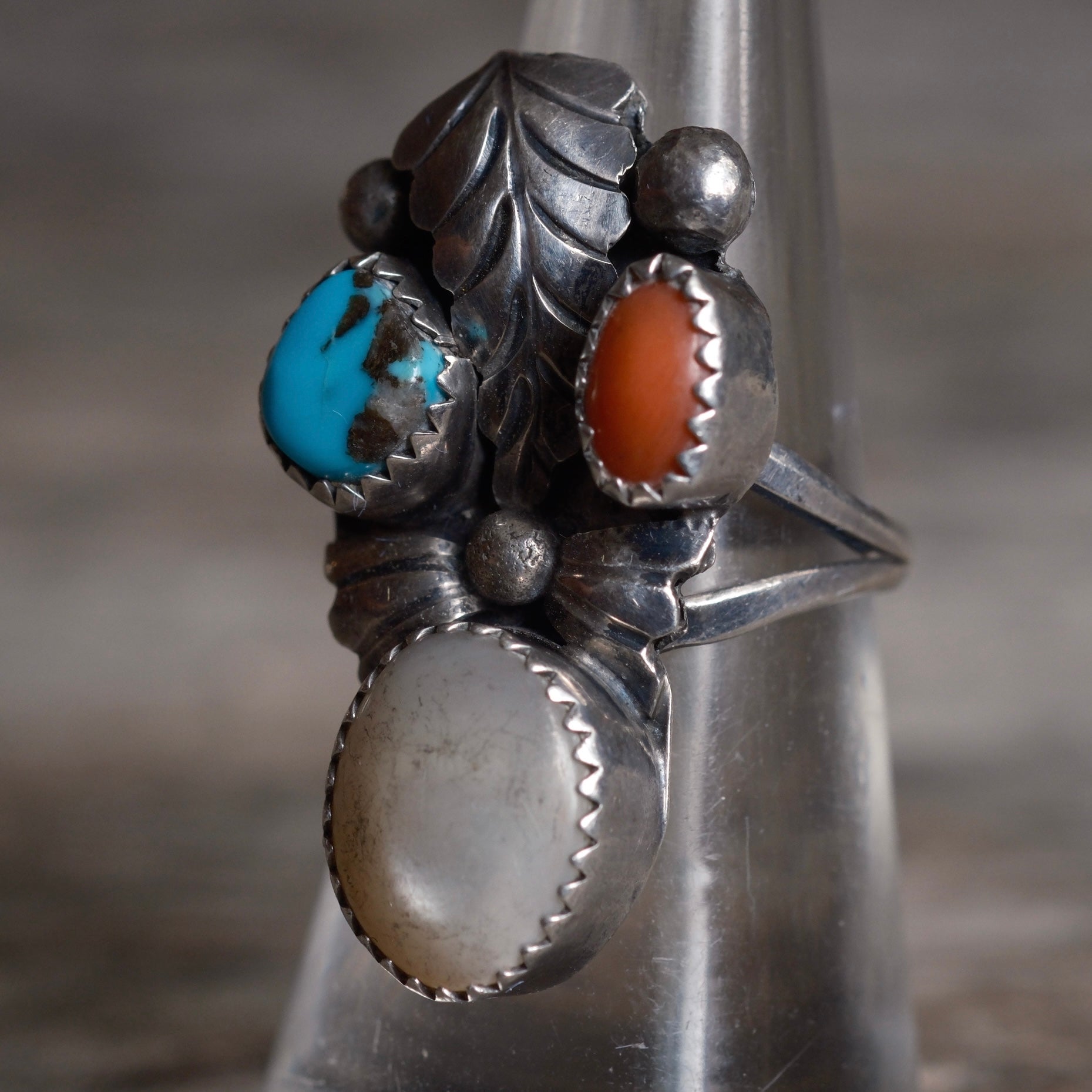 Vintage Sterling Turquoise Coral and MOP Feather Ring 6.5