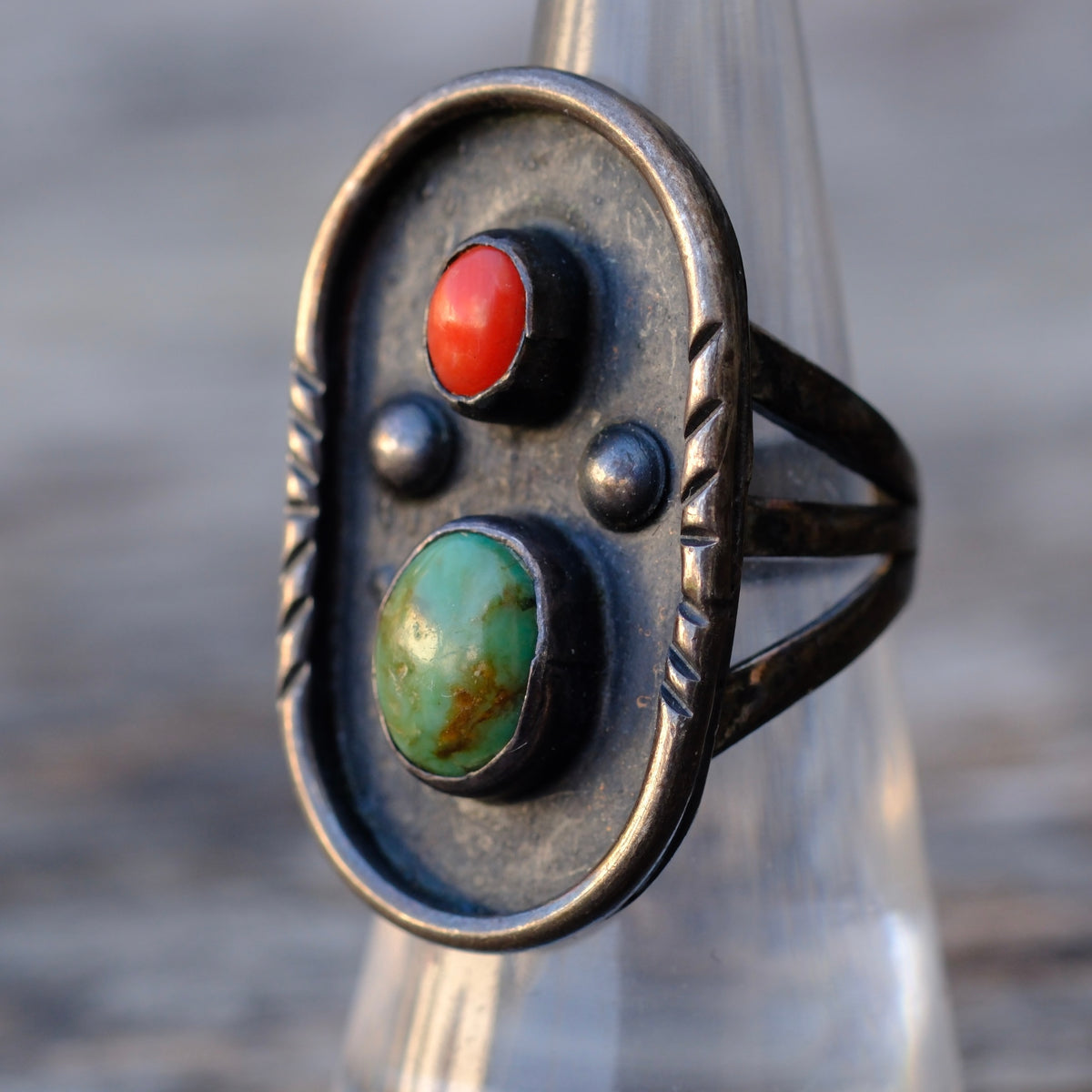 Vintage Sterling Turquoise and Coral Ring 6.25