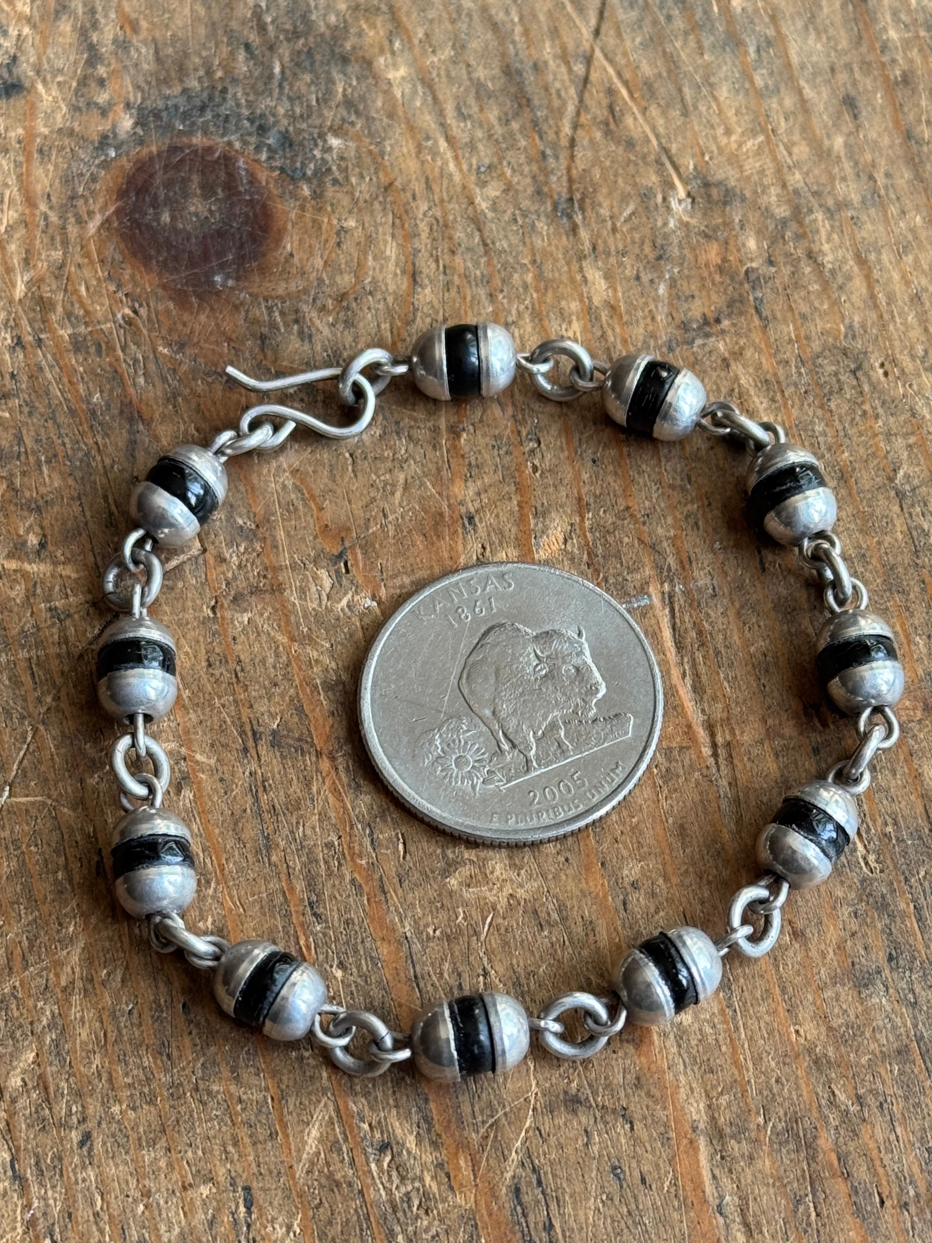 Vintage Sterling Silver 7.5” Black Bead Dome Link Bracelet
