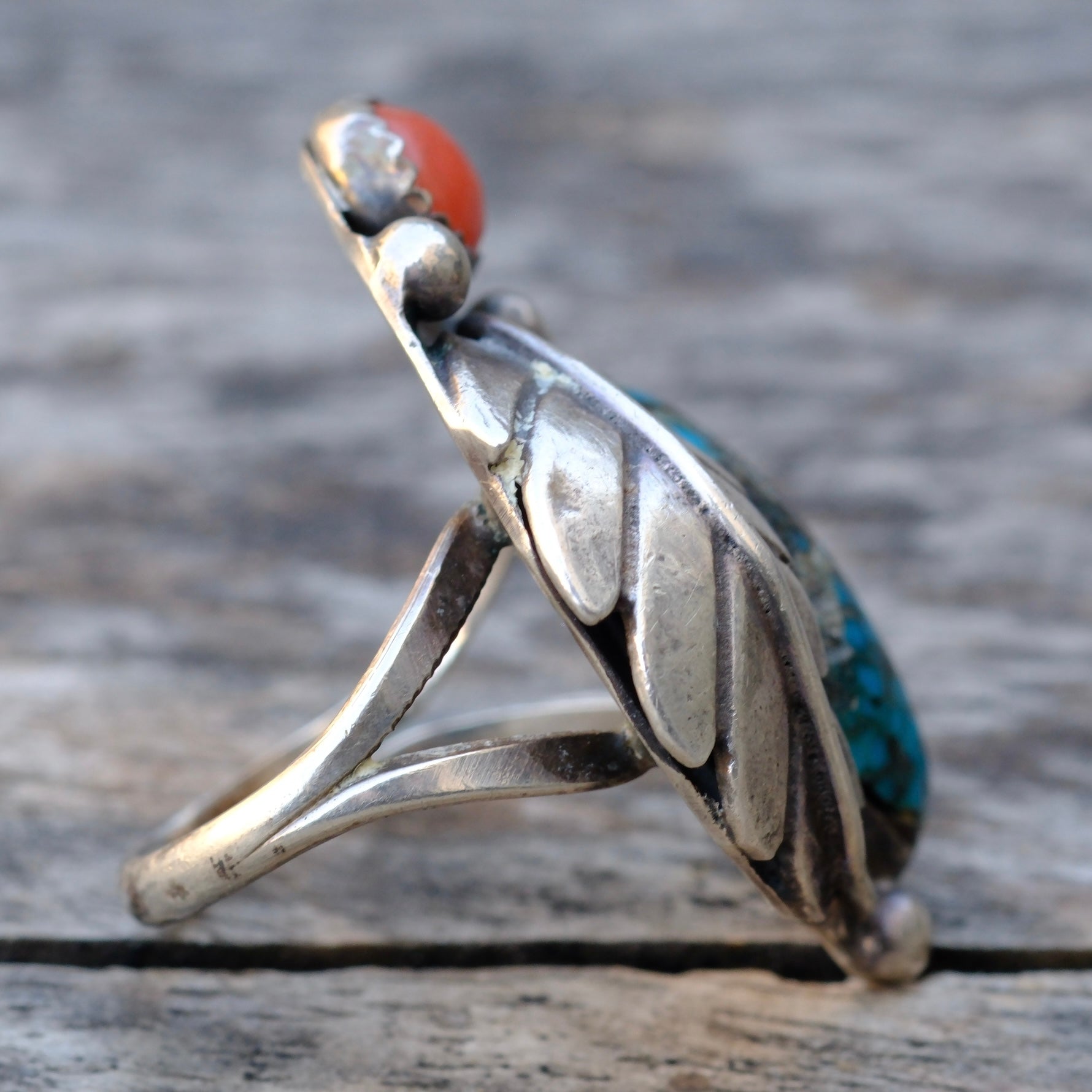Vintage Sterling Turquoise and Coral Feather Ring 5.5