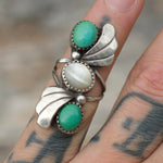 Vintage Sterling Turquoise and MOP Feather Ring 3.75