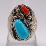 Vintage Sterling Turquoise and Coral Feather Ring 10
