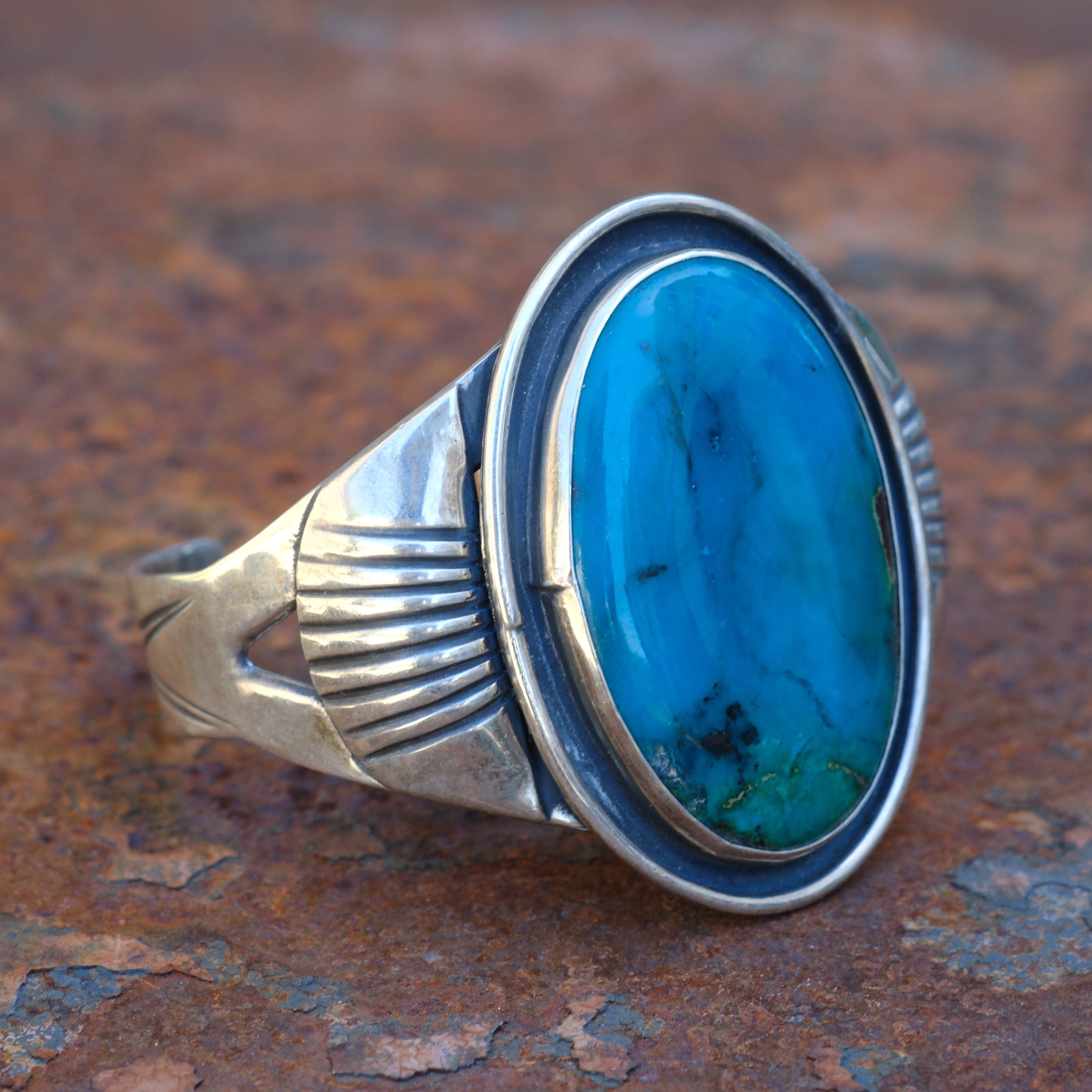 Vintage Sterling Turquoise Ribbed Cuff Bracelet