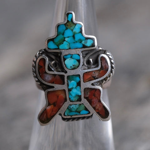 Vintage Sterling Crushed Turquoise and Coral Inlay Kachina Ring 5