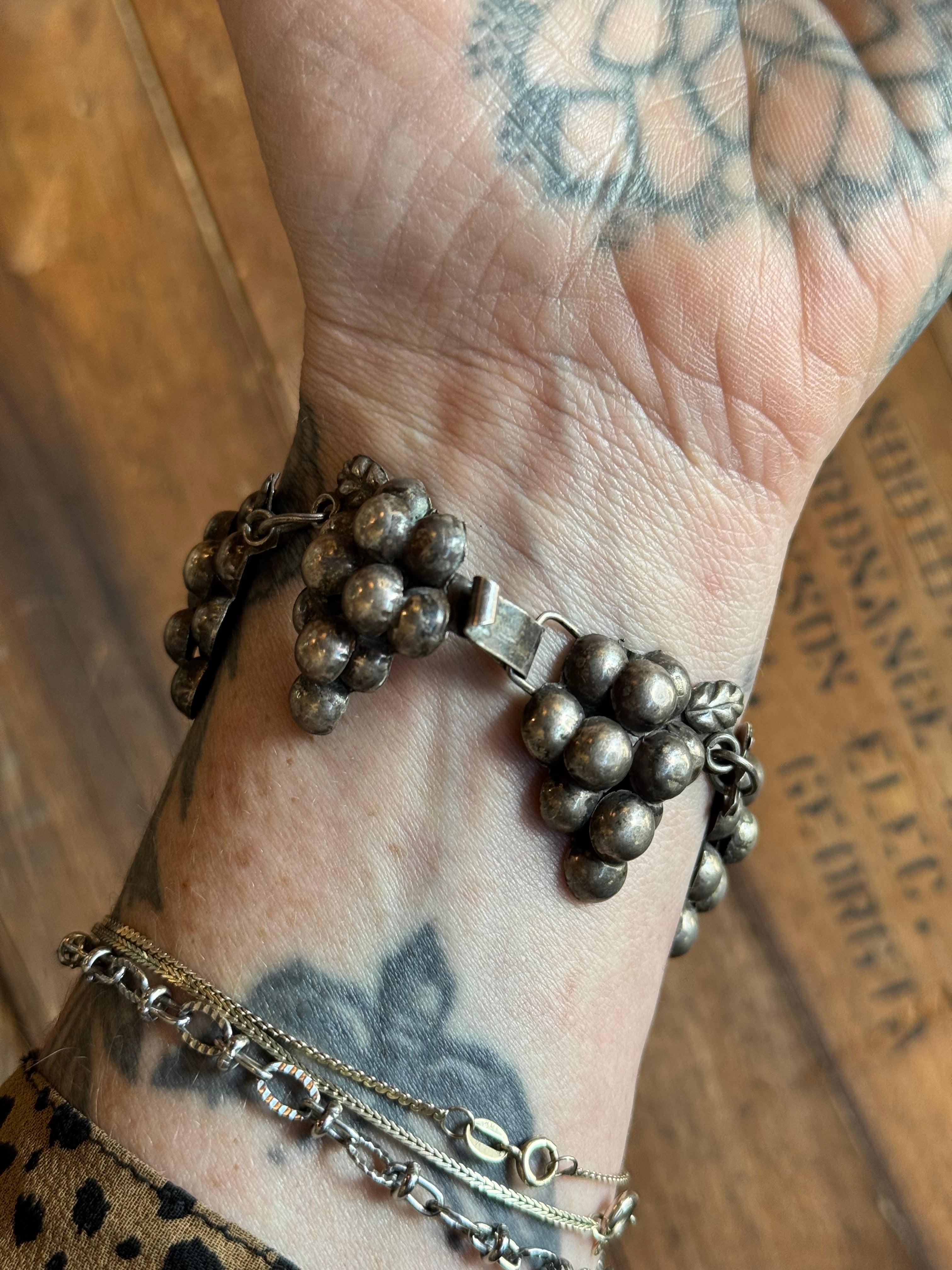 Vintage Sterling Silver Hollow Grape Link Bracelet