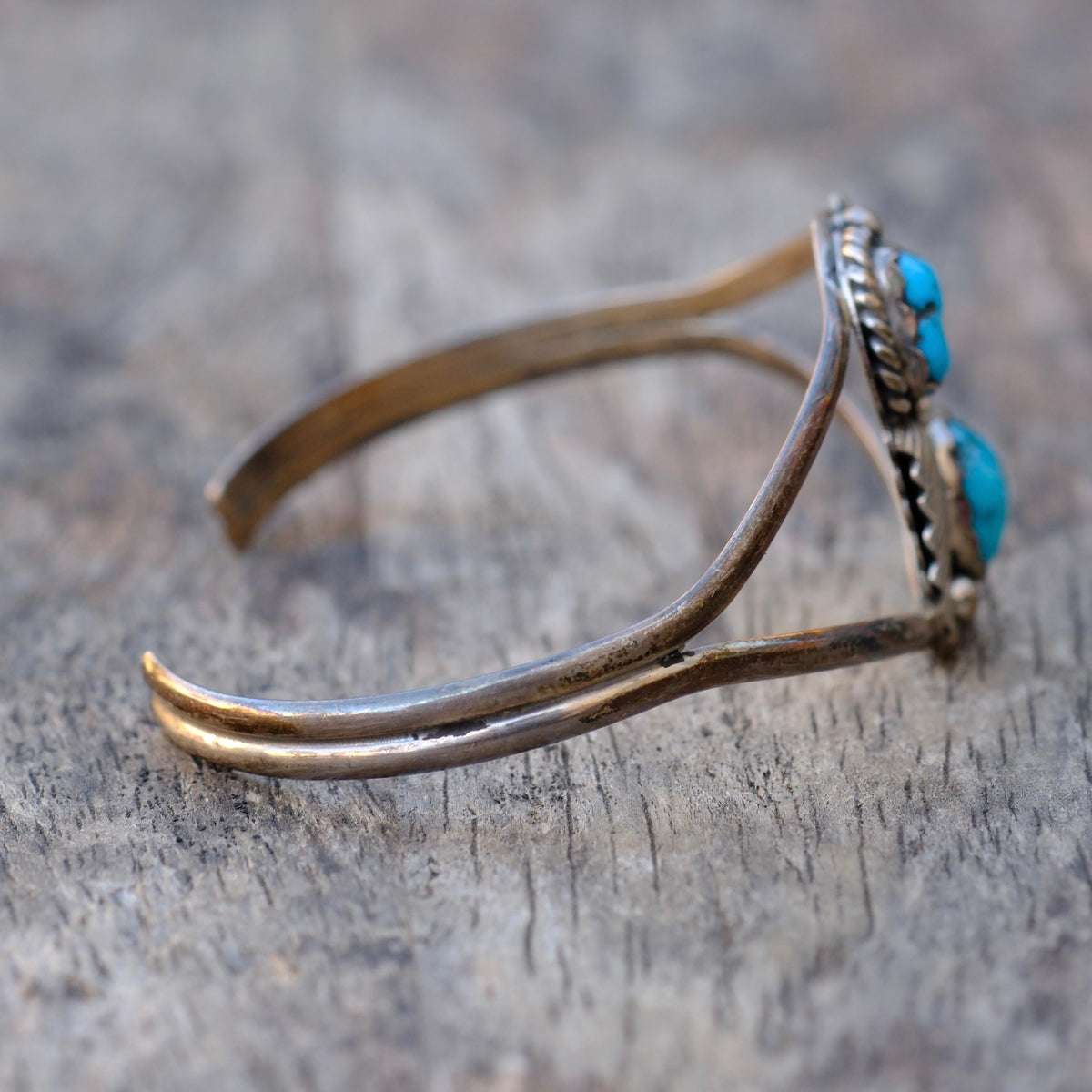 Vintage Sterling 2-Stone Turquoise Feather Cuff Bracelet