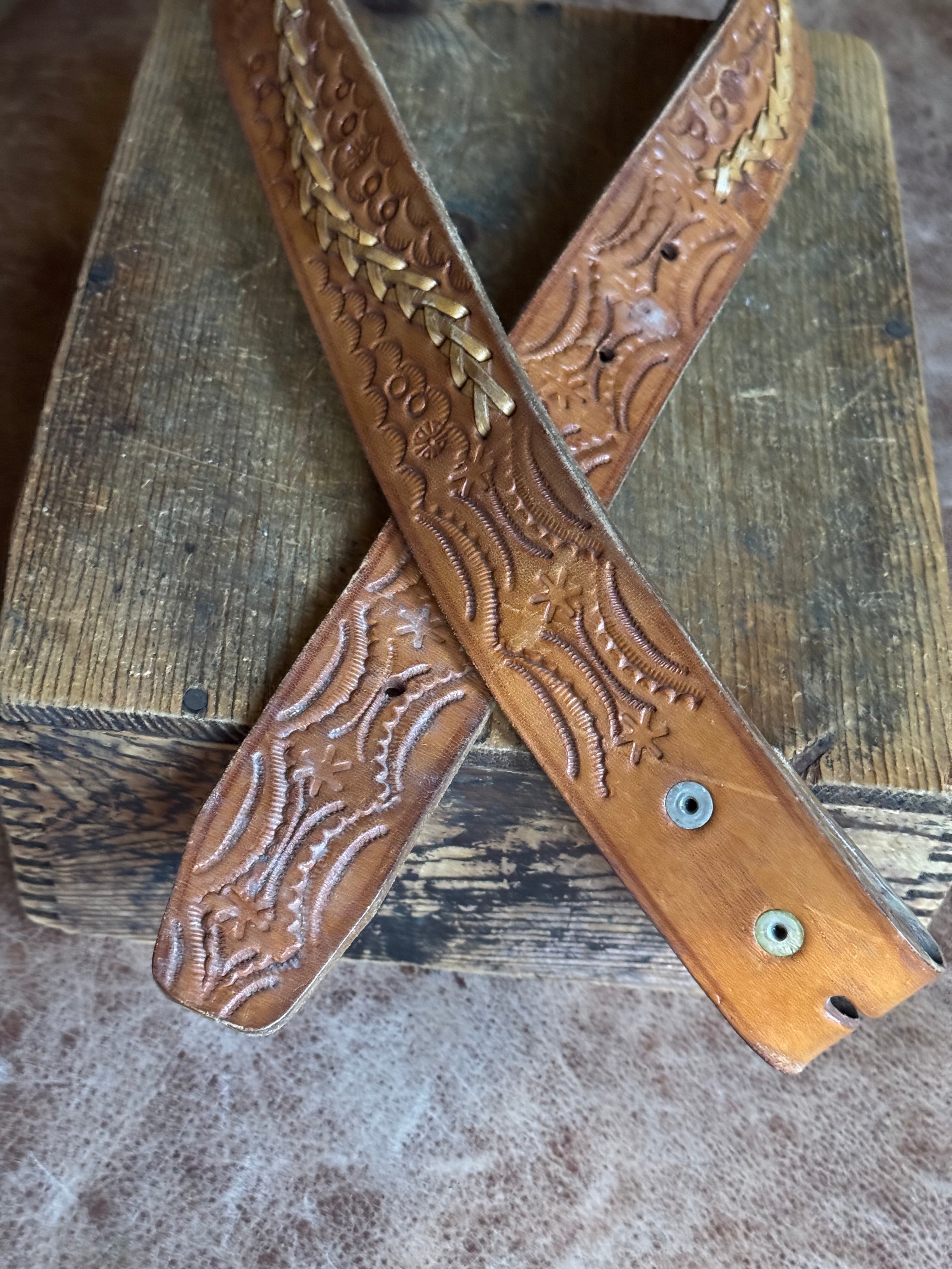 Vintage Brown Stamped Laced Leather Belt