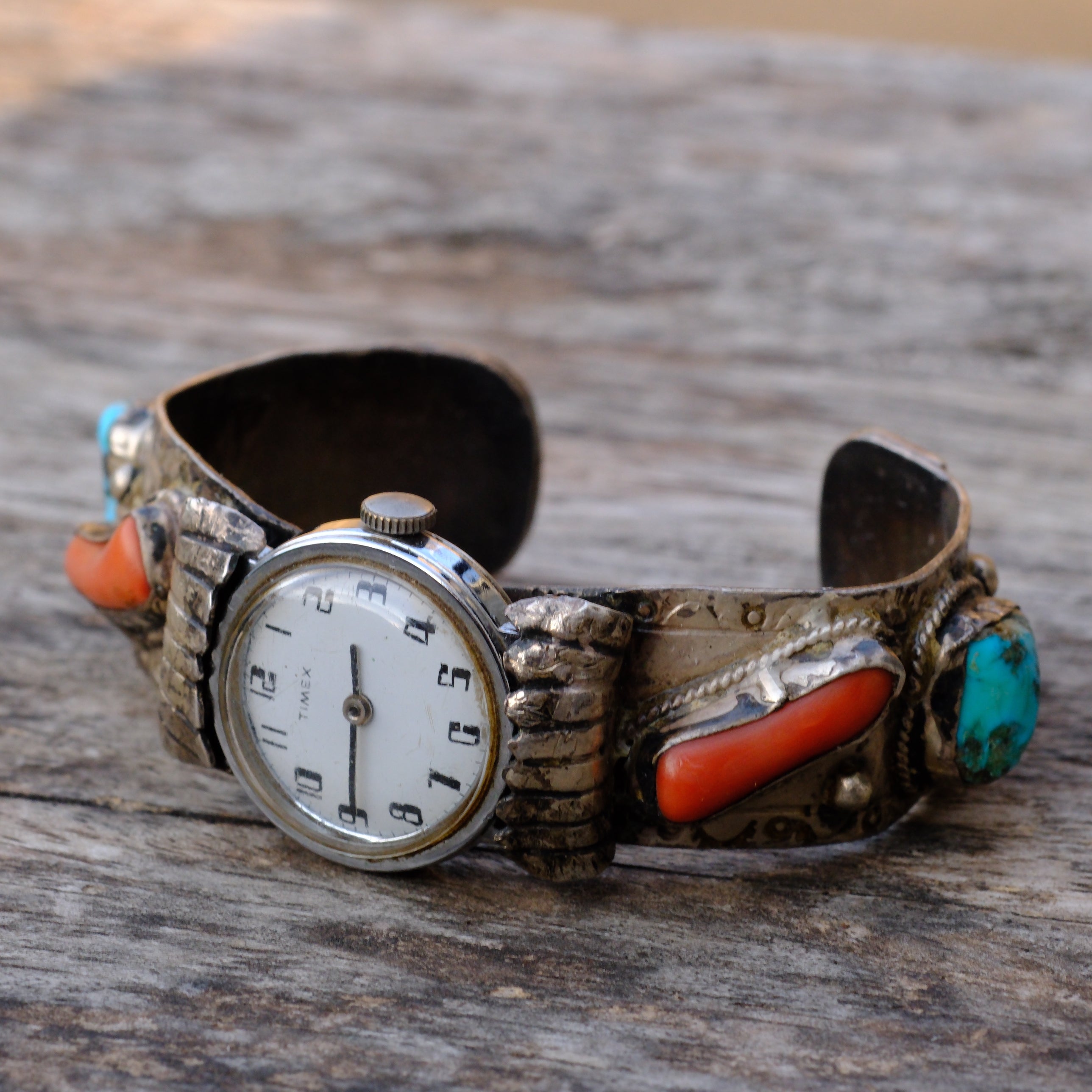 Vintage Sterling Turquoise and Coral Cuff Watch Cuff Bracelet