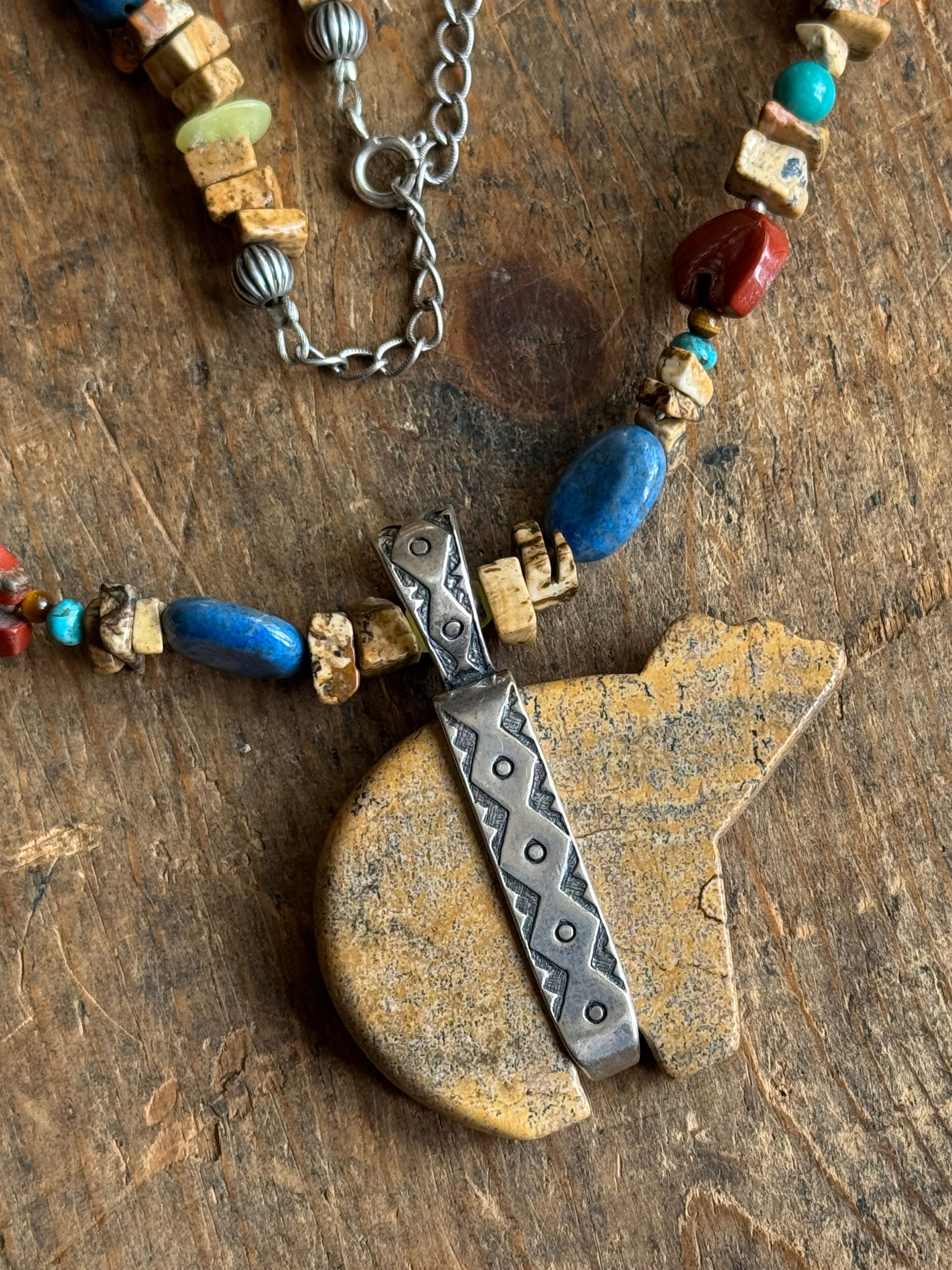 Vintage Mixed Stone Beaded Jasper & Sterling Bear Necklace