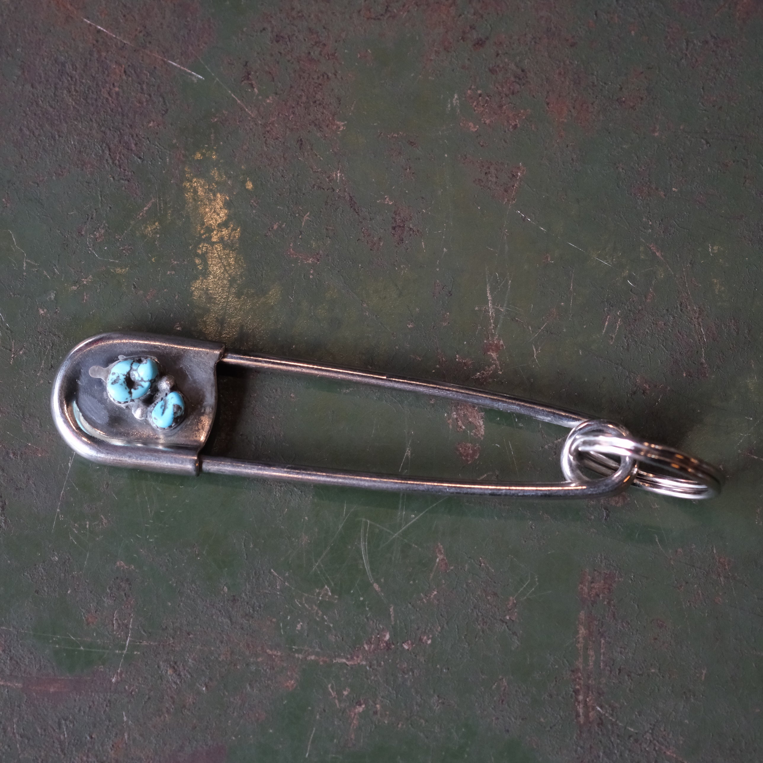 Vintage 2-Stone Turquoise Safety Pin Keychain 4"