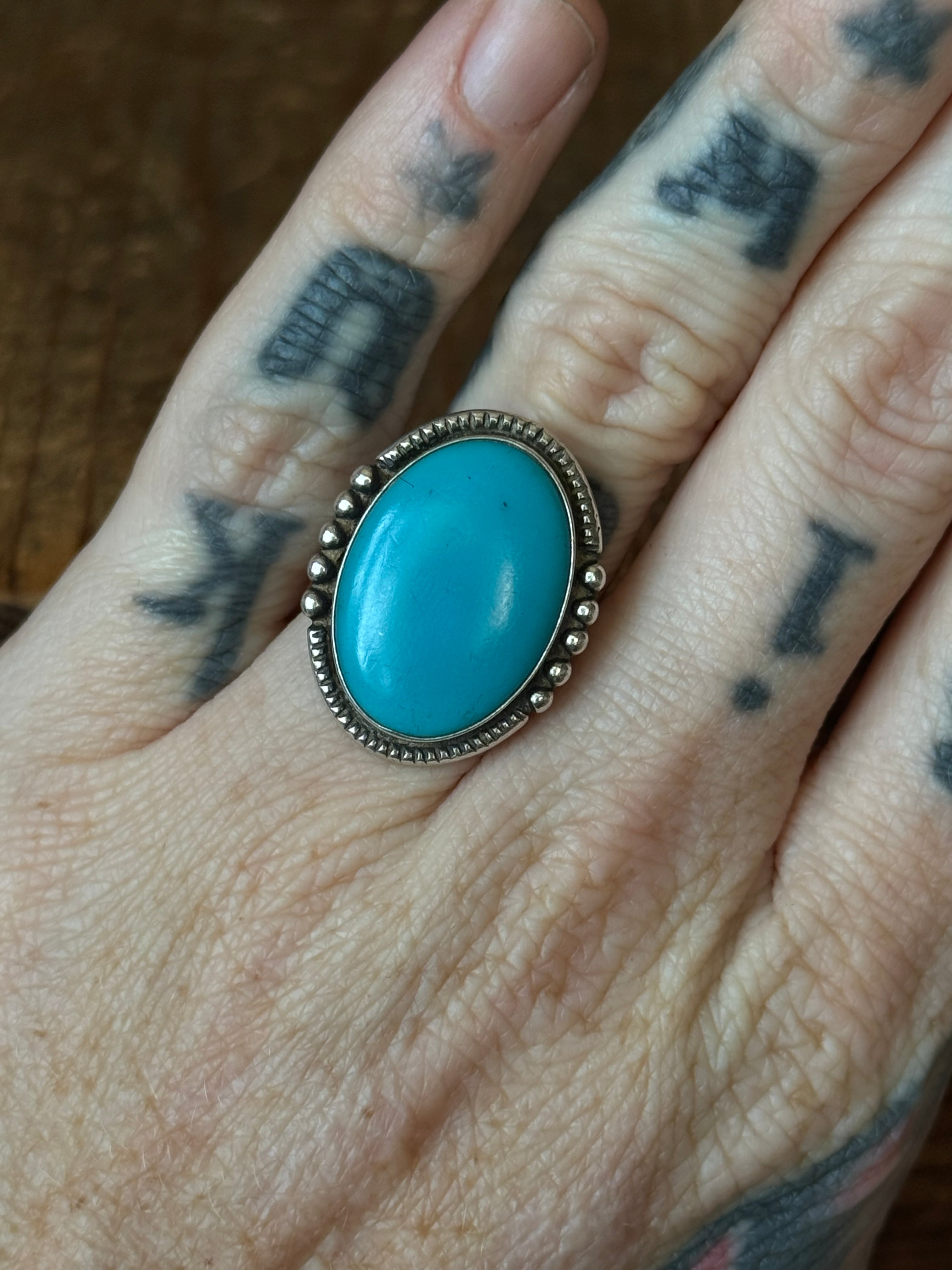 Vintage Sterling Silver Stamped Band Turquoise Roper Ring 5