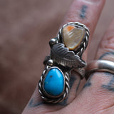 Vintage Sterling Turquoise and Oyster Feather Ring 6.75