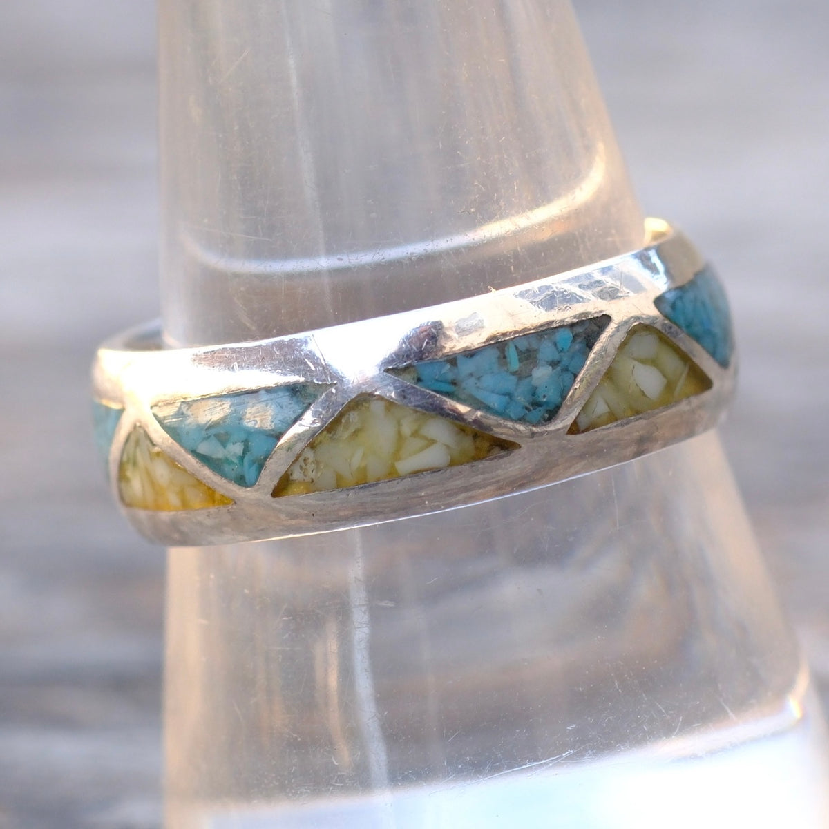 Vintage Sterling Turquoise and Mother Of Pearl Inlay Band 9.75