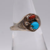 Vintage Sterling Turquoise and Coral Ring 7.5