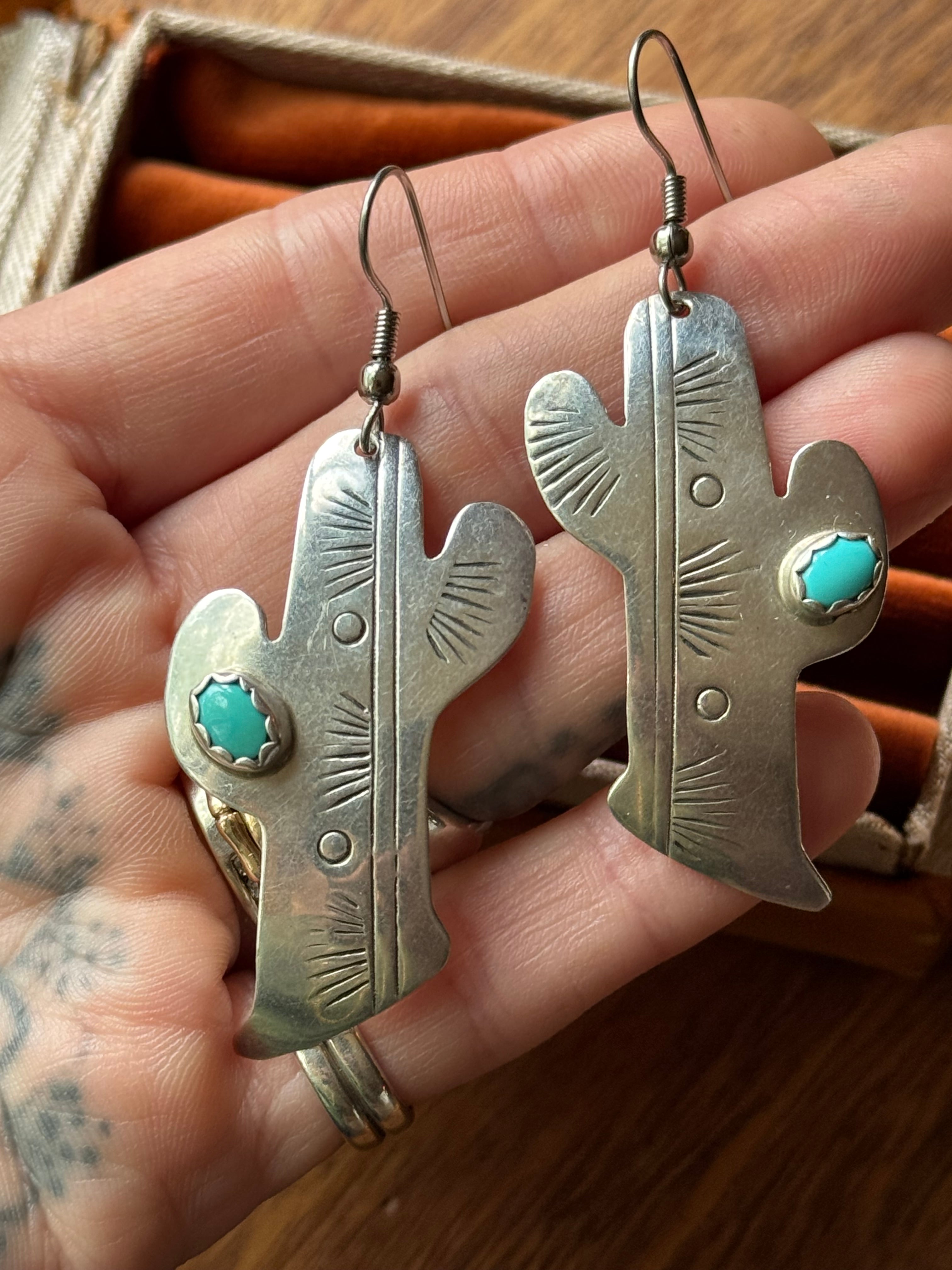 Vintage Sterling Silver Turquoise Cactus Earrings