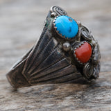 Vintage Sterling Turquoise and Coral Eagle Ring 11