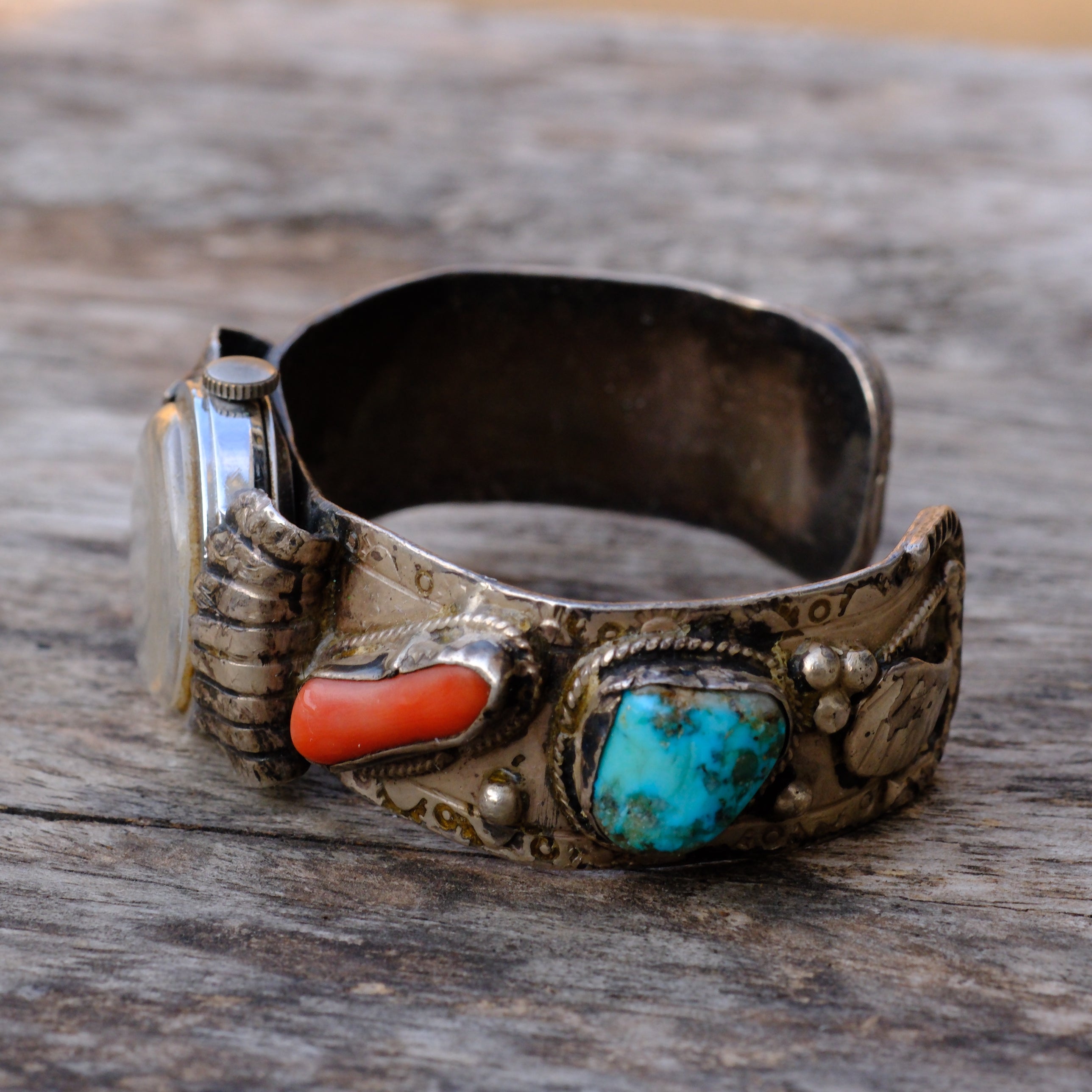Vintage Sterling Turquoise and Coral Cuff Watch Cuff Bracelet