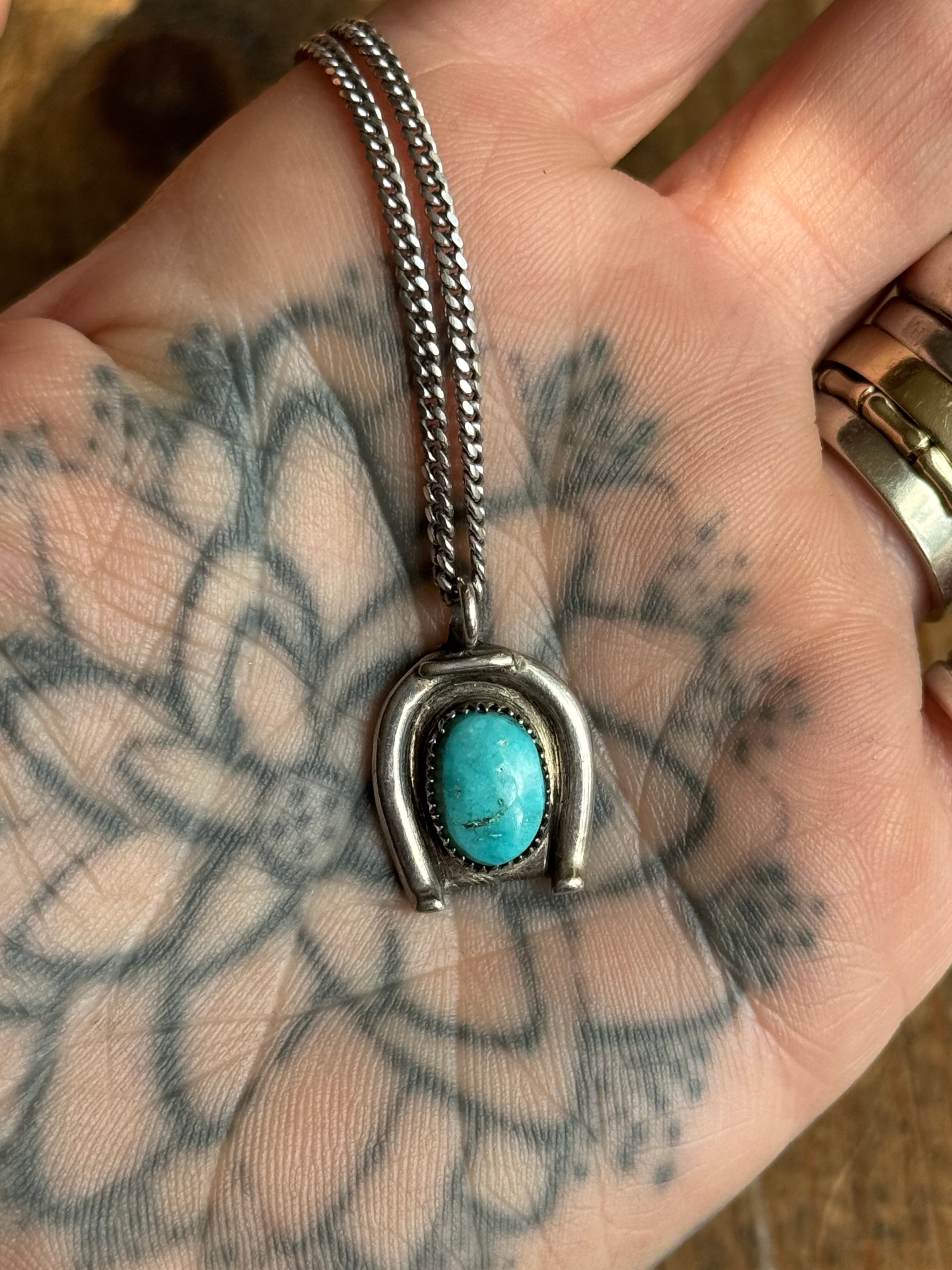 Vintage Sterling Silver Turquoise Horseshoe 22" Necklace