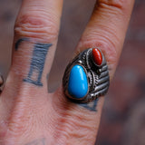 Vintage Sterling Turquoise and Coral Feather Ring 9.25