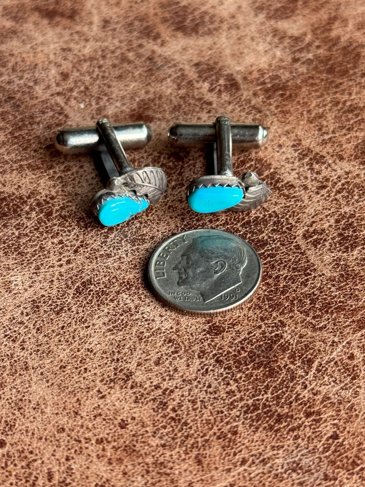 Vintage Sterling Silver Turquoise Leaf Cufflinks