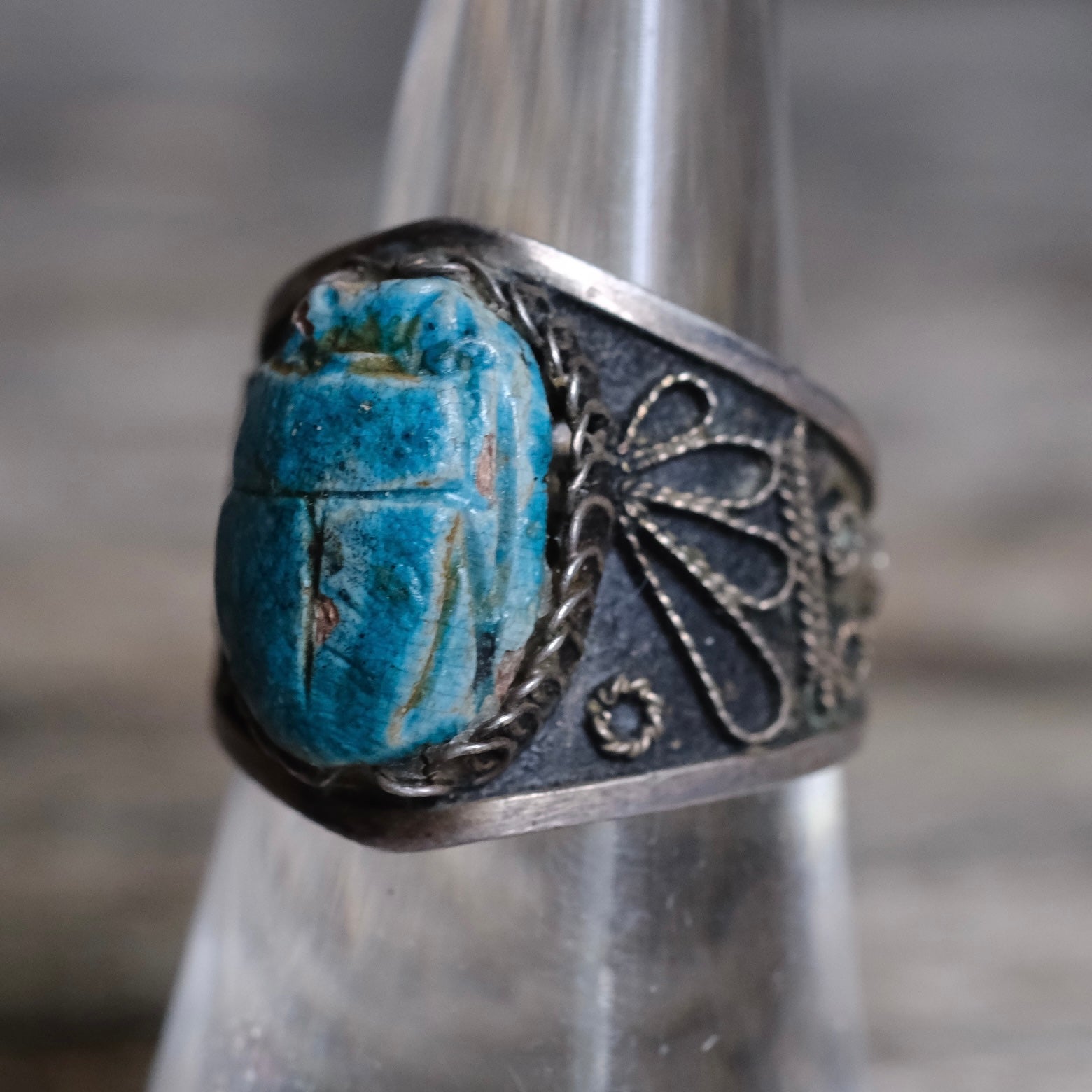 Vintage Sterling Carved Turquoise Scarab Open Back Ring 7.5