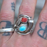 Vintage Sterling Turquoise and Coral Claw Ring 11
