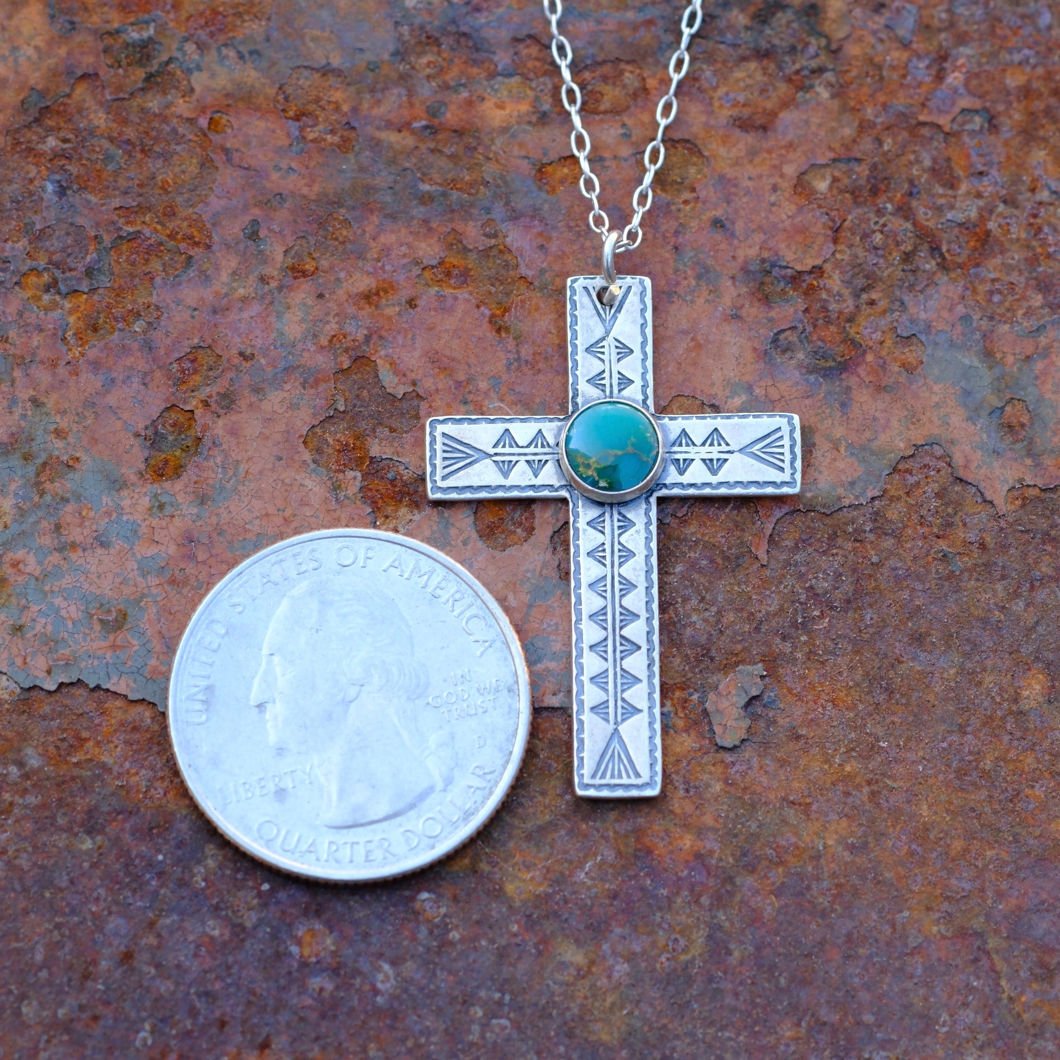 Vintage Sterling Turquoise Stamped Cross Necklace