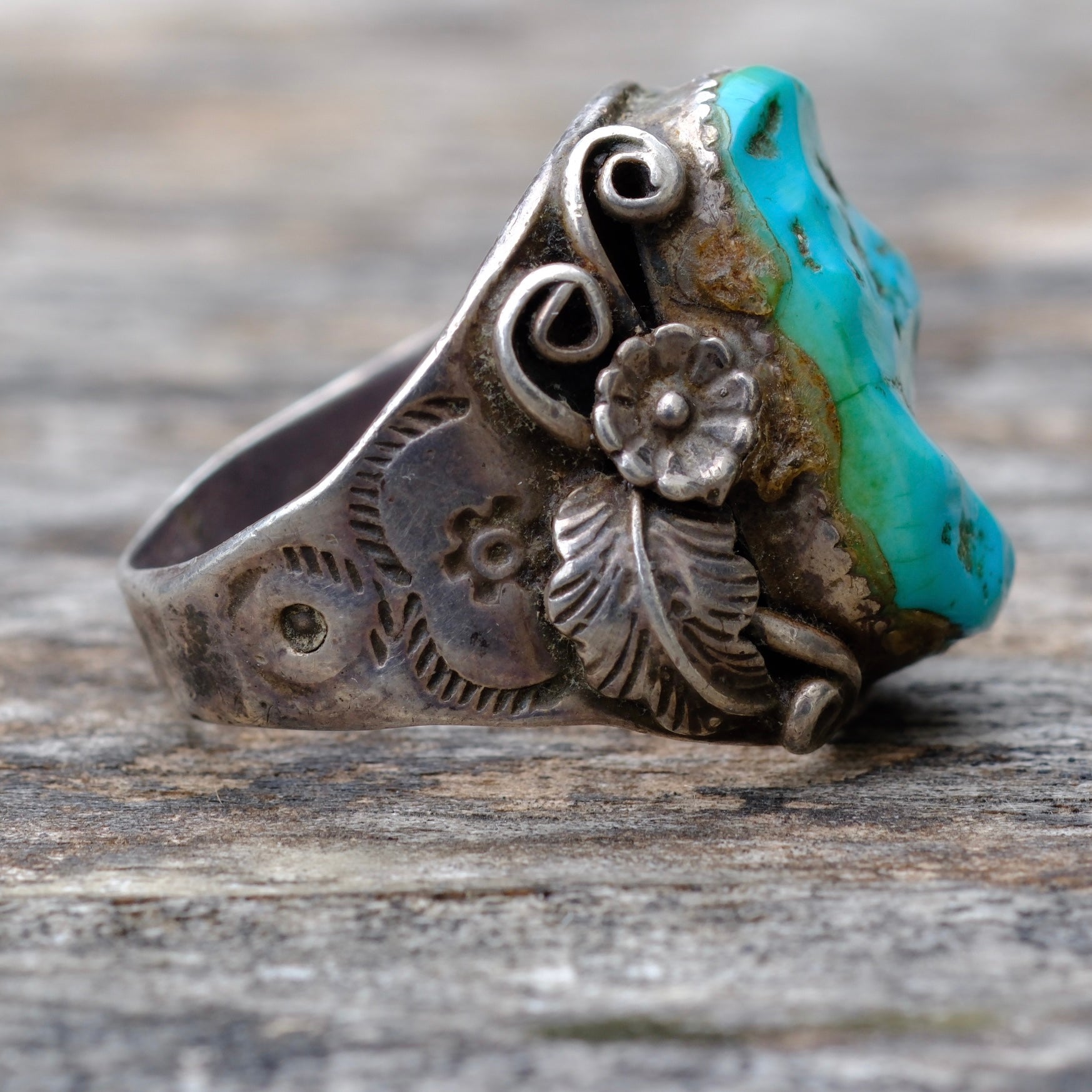 Vintage Sterling Turquoise Feather Ring 9.25