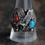 Vintage Sterling Turquoise and Coral Eagle Ring 11.75