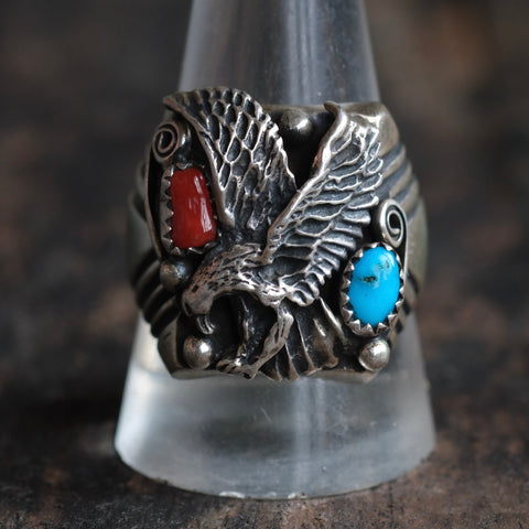 Vintage Sterling Turquoise and Coral Eagle Ring 11.75