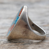 Vintage Sterling Crushed Turquoise and Coral Inlay Ring 9.75