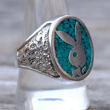 Vintage White Bronze Playboy Bunny Turquoise Ring 10.5