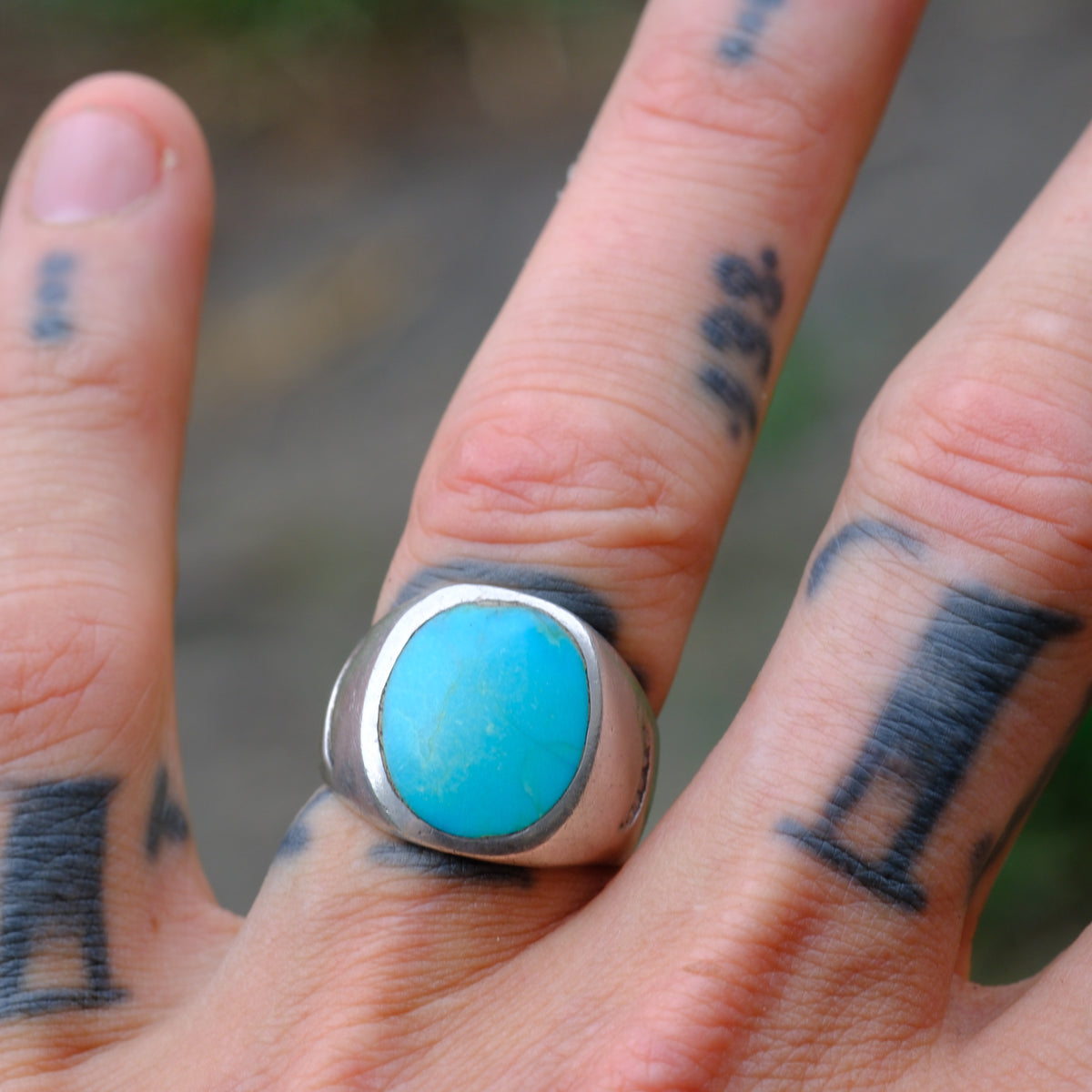 Vintage Sterling Turquoise Stamped Band Ring 8.25