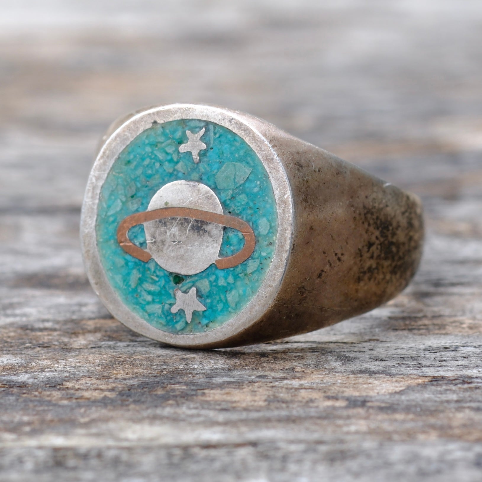 Vintage Sterling Turquoise Saturn Ring 13.5