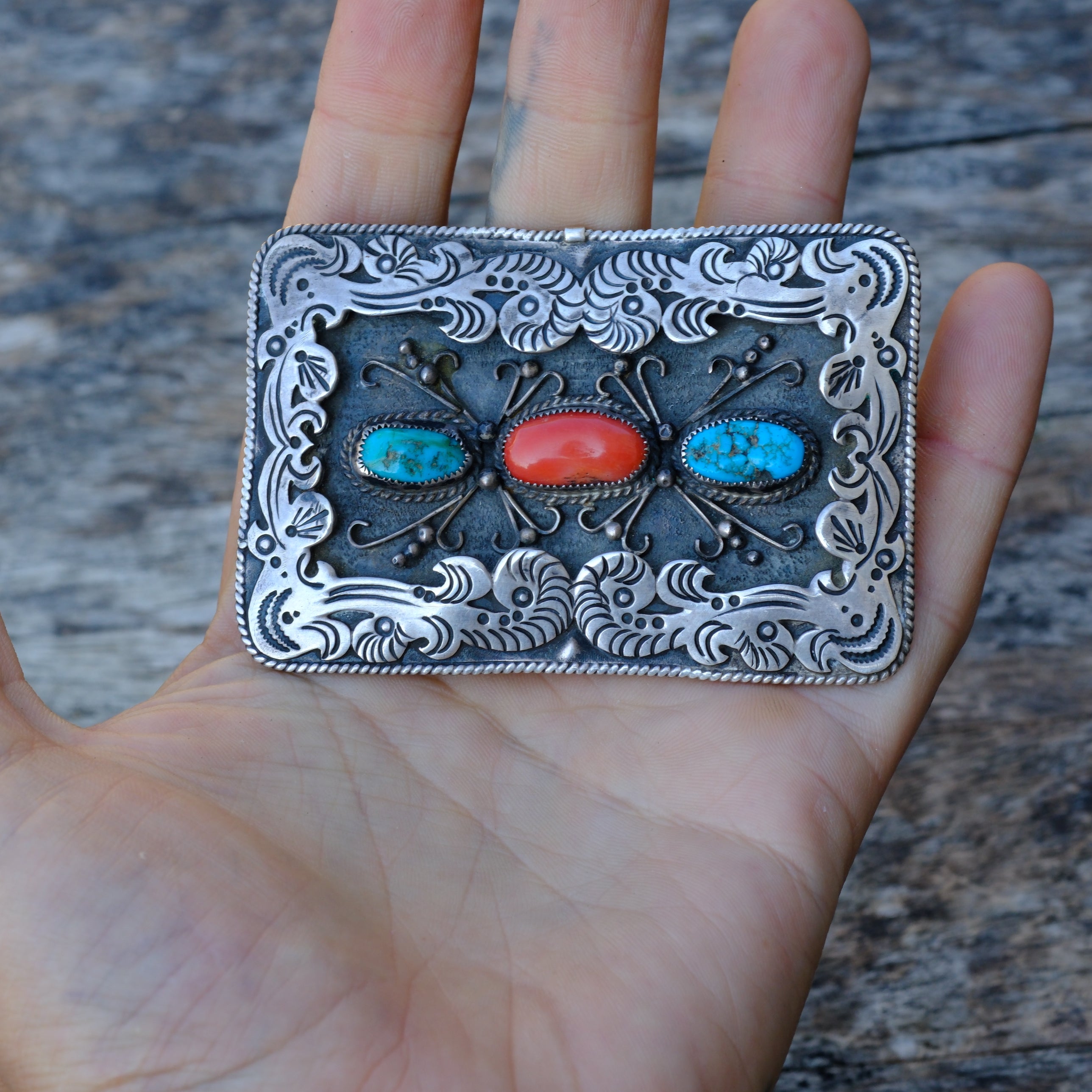 Vintage Sterling Turquoise and Coral Navajo Belt Buckle