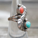 Vintage Sterling Turquoise and Coral Feather Ring 5.25