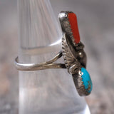 Vintage Sterling Turquoise and Coral Feather Ring 7