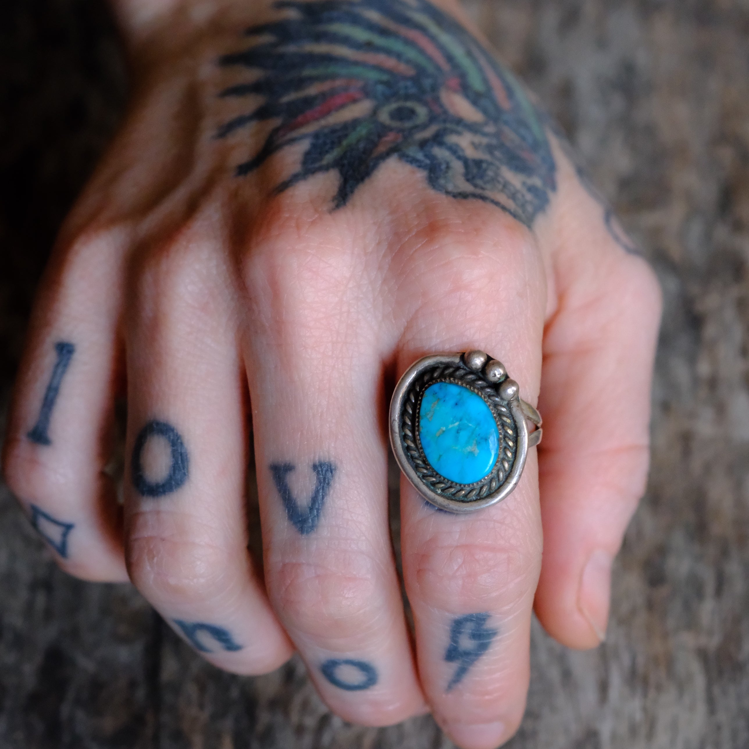 Vintage Sterling Turquoises Roper Ring 7.5