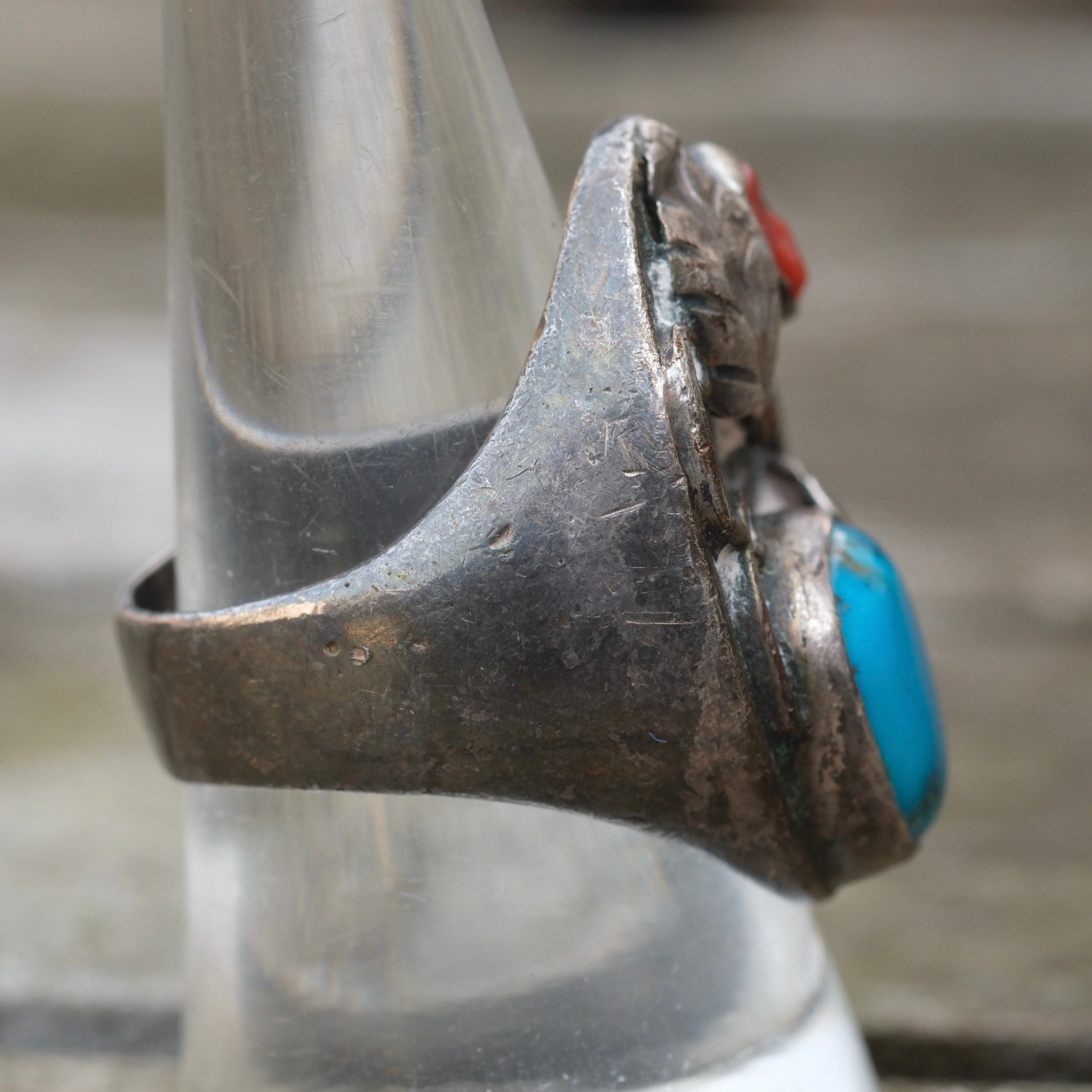 Vintage Sterling Turquoise and Coral Feather Ring 8.75