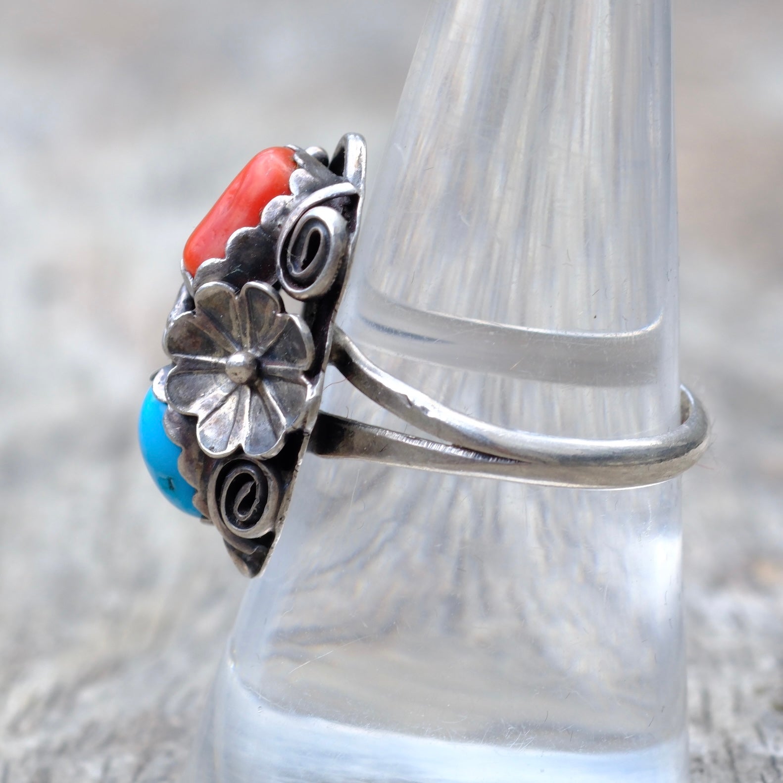 Vintage Sterling Silver Coral & Turquoise Flower Leaf Ring 8.5