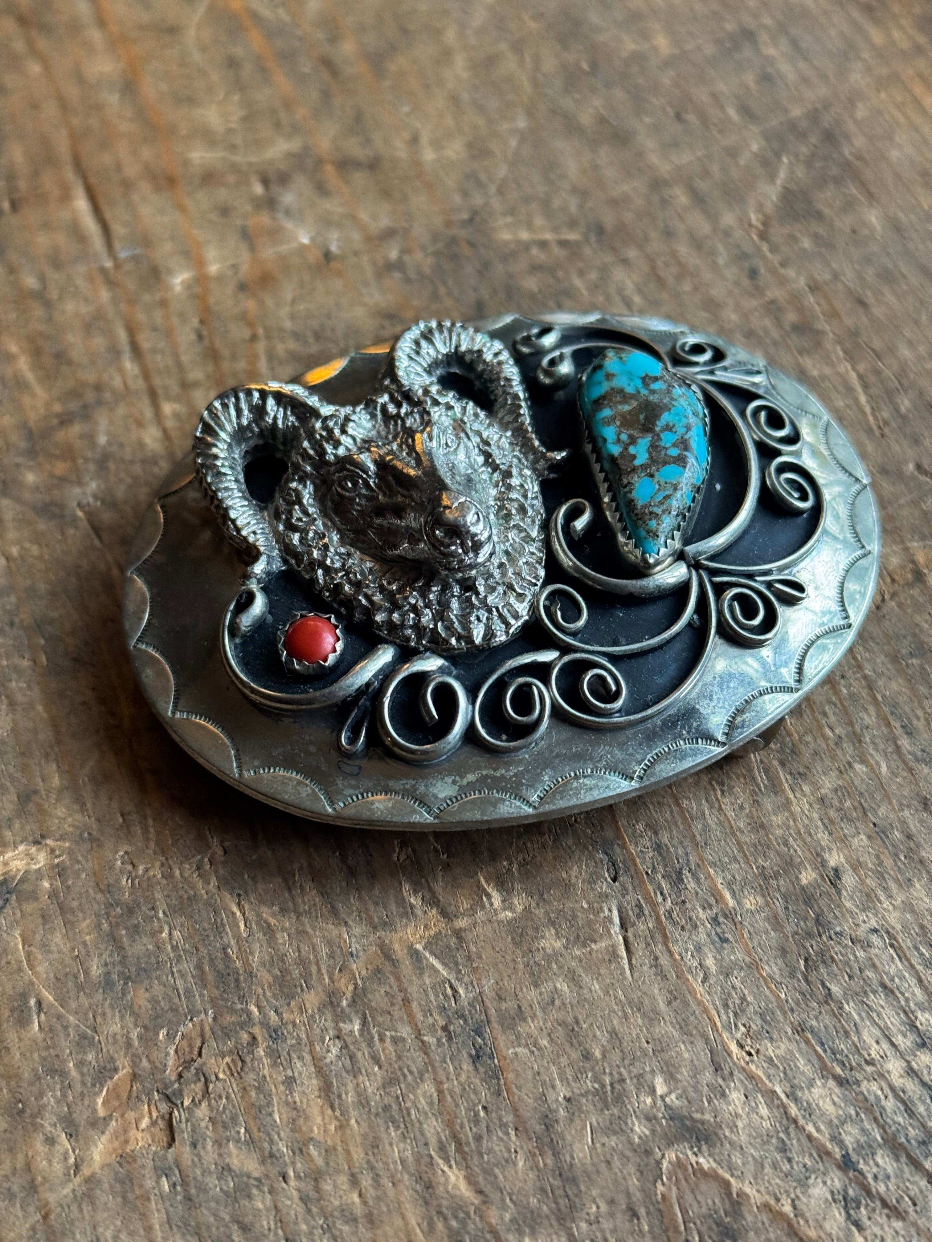 Vintage Turquoise & Coral Stamped Ram Nickel Belt Buckle