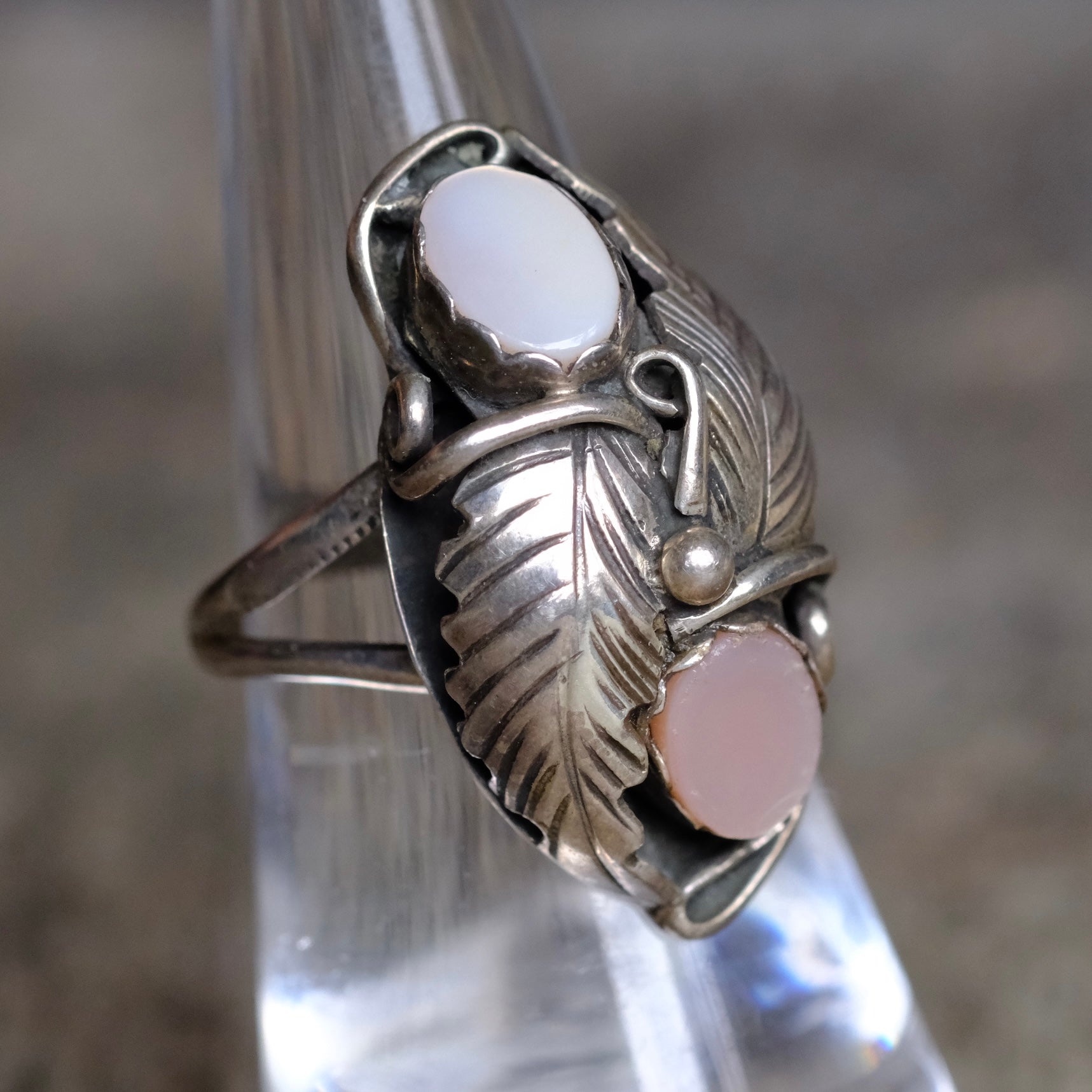 Vintage Sterling 2-Stone Mother Of Pearl Feather Ring 6.25